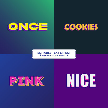 A set of four editable text effects, each with a distinct style and color scheme, presented on a...