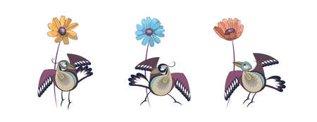 Three vector isolated  motley plumage birds with three yellow, blue and red flowers on white background.のイラスト素材