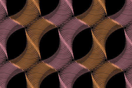 Vector seamless pattern. Abstract orange and pink figures with stripes and lines on a black...