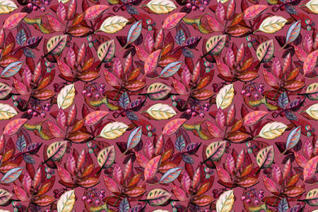 Plant seamless pattern of autumn leaves. Colorful leaves, berries and seeds on a cranberry...