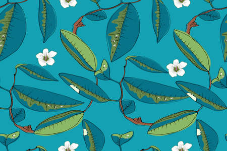 Art floral vector seamless pattern. Mandarin ( tangerines) blossom on the brown twigs with blue and...