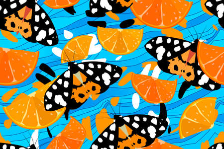 Vector abstract summer seamless pattern. Orange, white and black dynamic spots, orange slices and...