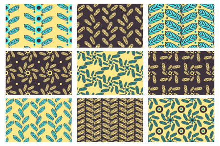 Set of vector seamless pattern. 9 floral chocolate, pale yellow and blue endless patterns with...