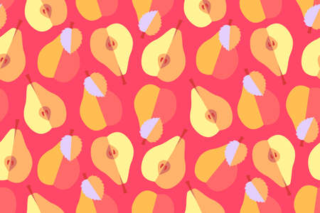 Fruit vector seamless pattern. Light yellow, peach, orange, red natural whole and halves pears with...