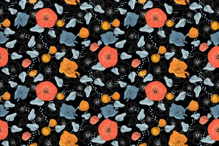 Art floral vector seamless pattern. Pink, orange, light blue and poppy on black background. Isolated...