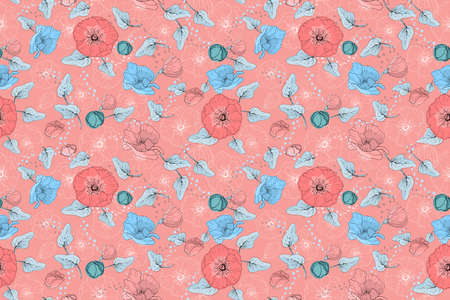 Art floral vector seamless pattern. Pink and light pink background. Isolated vector pastel flowers,...
