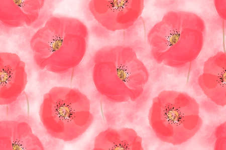 Art floral seamless pattern with poppies. For fabric, home and kitchen textile, wrapping paper, wallpaper design. Pastel poppy flowers on a soft pink background.の写真素材