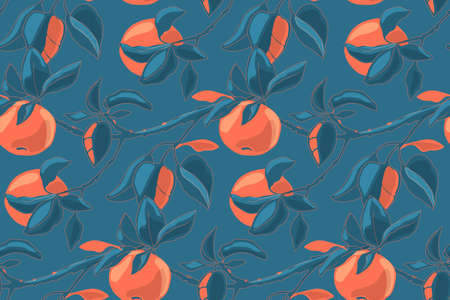 Art floral vector seamless pattern with autumn apples. Apple branches with leaves and ripe fruits...