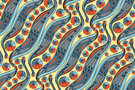 Abstract vector seamless pattern with leaves, berries. Blue and orange floral elements isolated on...