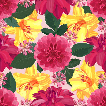 Floral vector seamless pattern, dahlias and lilies.のイラスト素材