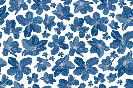 Art floral vector seamless pattern. Blue garden flowers isolated on white background. Used Pantone Classic Blue color and coral color. Endless pattern for wallpaper, fabric, textiles, accessories.のイラスト素材