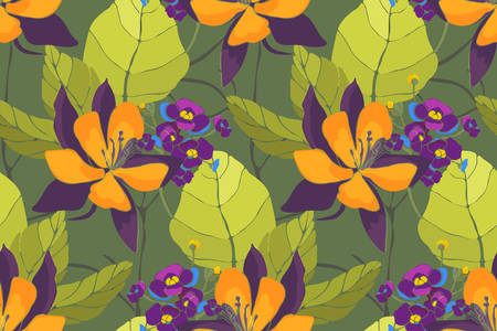 Art floral vector seamless pattern. Yellow aquilegia, columbine flowers, purple and blue hydrangea with light green leaves. Vector floral elements isolated on forest green background. Tile pattern.のイラスト素材