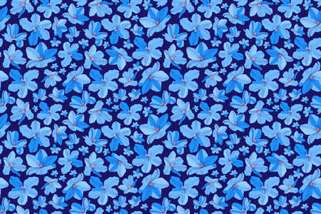 Art floral vector seamless pattern. Light blue garden flowers isolated on deep blue background....