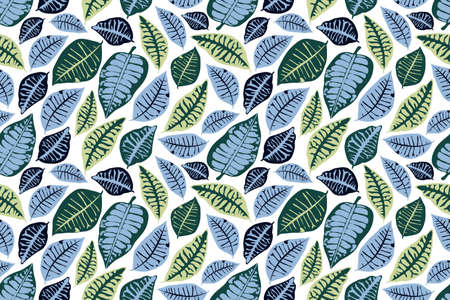 Art floral vector seamless pattern. Blue, light blue, green tropical leaves isolated on white...