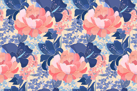 Vector floral seamless pattern. Pink peony, blue lily flowers, buds isolated on ivory background. For home textiles, fabric, wallpaper design, accessories, digital paper.のイラスト素材