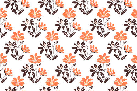 Vector floral seamless pattern. Orange and brown bitter-root flowers isolated on white background. Garden flowers with leaves. Stencil pattern.のイラスト素材
