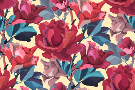 Art floral vector seamless pattern. Red, burgundy, maroon garden rose, peony flowers and buds, blue...
