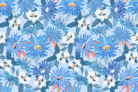 Art floral vector seamless pattern. Blue asters, chrysanthemums, white and blue Columbine. Vector...