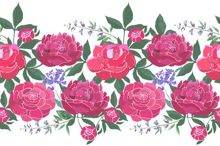 Vector floral seamless border. Summer flowers, green leaves. Pink peonies, blue sage, garden flowers isolated on white background.のイラスト素材