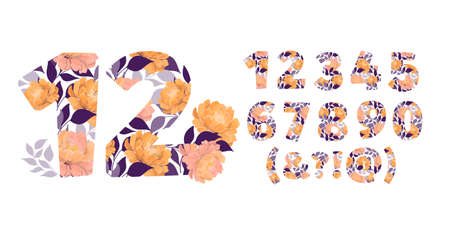 Vector flower numbers from 0 to 9. Botanical character, figure. Orange, cream, coral color peony flowers, blue leaves in the shape of a bold number.のイラスト素材