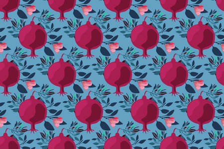 Vector floral seamless pattern. Maroon fruit pomegranates with pink flowers, blue branches and...