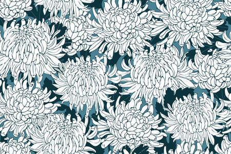 Vector floral seamless pattern with chrysanthemums. White flowers with deep green leaves isolated on light green background. For fabric, wallpaper, kitchen textile, banners, cards, digital paper.のイラスト素材