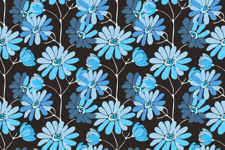 Vector floral seamless pattern. Delicate flower background. Blue flowers on dark background.のイラスト素材