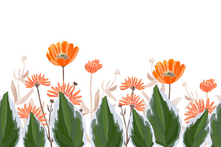 Vector floral seamless border, pattern. Spring, summer flowers, green leaves. Orange calendula, marigold, gaillardia flowers, green plantain lily, hosta. For decorative design of any surfaces.のイラスト素材