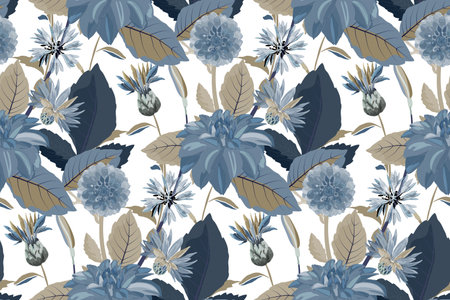 Vector floral seamless pattern. Flower background. Seamless pattern with blue cornflowers, dahlias, thistles flowers, blue, brown leaves. Floral elements isolated on white background.のイラスト素材