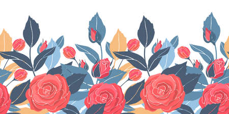 Art floral vector seamless pattern, border with red roses, yellow and blue leaves. Vector garden flowers and buds isolated on a white background.のイラスト素材