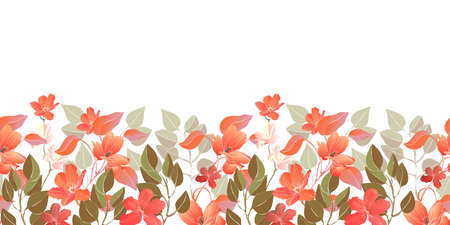Vector floral seamless border, pattern. Decorative border with red flowers, green leaves. Floral elements isolated on a white background.のイラスト素材