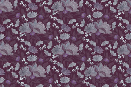 Vector floral seamless pattern with peony, chicory. Purple flower background. Tile flowering...