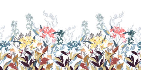 Vector floral decorative seamless pattern, border. Yellow, gray, pink, blue flowers, colorful twigs and leaves isolated on a white background.のイラスト素材