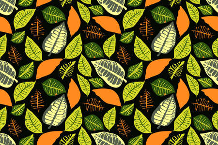 Vector floral seamless pattern with colorful leaves. Green, orange color leaves isolated on a dark background.のイラスト素材