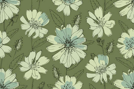 Vector floral seamless pattern. Succory (chicory) flowers isolated on a green background. Vector flowers, leaves and buds.のイラスト素材