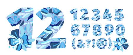 Art flower vector numbers from 0 to 9. Christmas pattern in the shape of bold numbers. Beautiful winter blue flowers isolated on a grey background.のイラスト素材