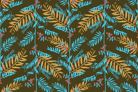 Vector floral seamless pattern. Floral elements in retro style. Turquoise, yellow twigs and leaves, red flowers on a khaki background.のイラスト素材