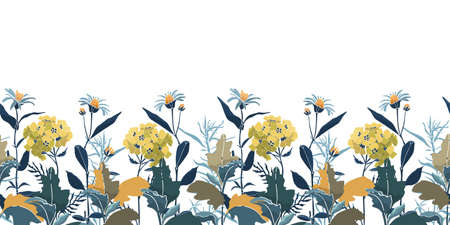 Vector floral seamless pattern, border. Beautiful orange, olive and yellow flowers and petals with green, blue and gray twigs and leaves. Flower arrangement on a white background.のイラスト素材