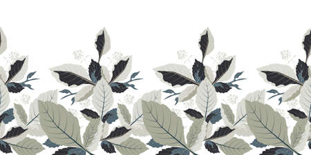 Vector floral seamless leafy pattern, border. Panoramic horizontal design with ivory leaves and inflorescences on a white background. Repeating floral and plant elements, herbs and foliage.のイラスト素材