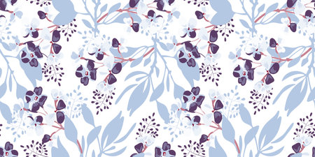 Vector floral seamless widescreen pattern. Lilac flowers with brown twigs and blue leaves on a white. Wide floral art background for wallpapers, cards, banners and more.のイラスト素材