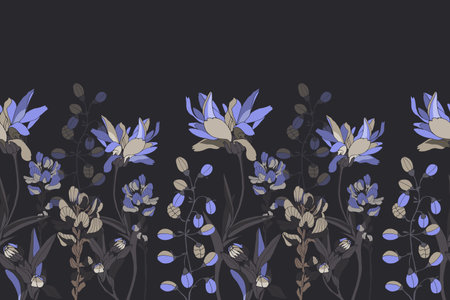Vector floral seamless pattern, border. Horizontal panoramic design with blue flowers with dark gray leaves.のイラスト素材