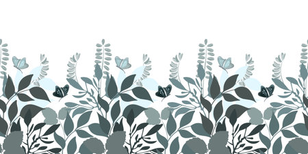 Vector floral seamless pattern, border. Horizontal panoramic image with turquoise and gray-green herbs.のイラスト素材
