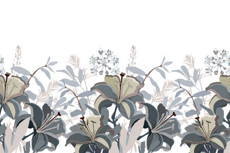 Vector floral seamless pattern, border. Horizontal panoramic design with lily flowers in beige and gray colors.のイラスト素材