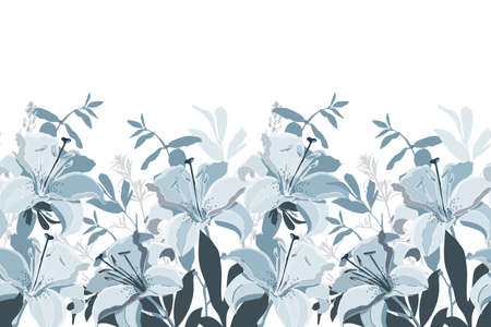 Vector floral seamless pattern, border. Horizontal panoramic design with blue lily flowers.のイラスト素材
