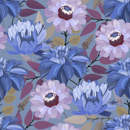 Vector floral seamless pattern. Blue and purple flowers isolated on a gray background.のイラスト素材
