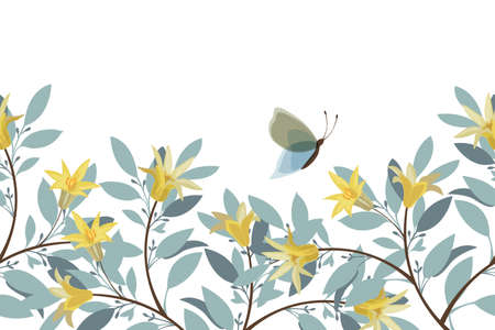 Vector floral seamless panoramic pattern, border. Blue twigs, leaves, yellow flowers, butterflies.のイラスト素材