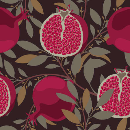 Art floral vector seamless pattern. Pomegranate tree with maroon fruits and leaves.のイラスト素材