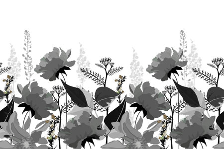 Vector floral seamless pattern, border. Horizontal panoramic design in gray tones.のイラスト素材