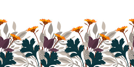 Vector floral seamless pattern, border. Horizontal panoramic autumn design with yellow-orange flowers on a white background.のイラスト素材