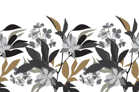 Vector floral seamless pattern, border. Horizontal panoramic design with gray, dark gray and brown flowers and leaves on a white background.のイラスト素材